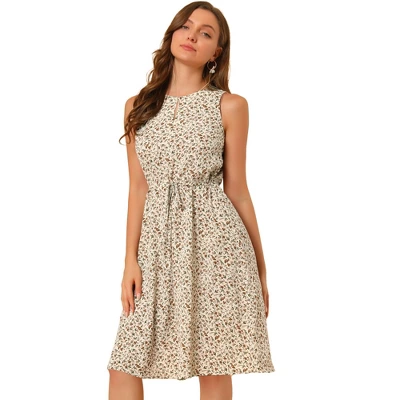 Allegra K Women's Floral Printed Split Neck Drawstring Waist Sleeveless A-Line Midi Dress 16 Allegra K Women's Floral Printed Split Neck Drawstring Waist Sleeveless A-Line Midi Dress - Image 16