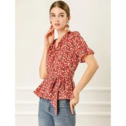 Allegra K Women's Peplum Waist Sweet Cherry Floral Crossover V Neck Ruffle Wrap Blouse -Allegra K GUEST 0ce17112 d7d0 462d a4ca 171bb7c338fa