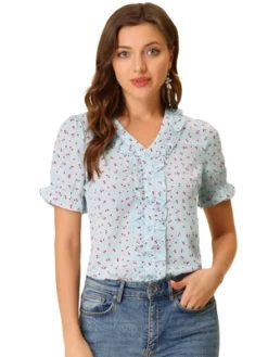 Allegra K Women's Short Sleeve Ruffle V Neck Cherry Printed Vintage Floral Summer Peasant Blouse -Allegra K GUEST 0cec70ea bb63 4fdd 87dc c11e8cd8fd8e