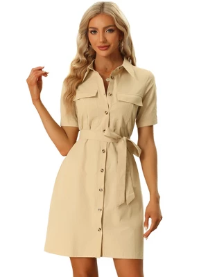 Allegra K Women's Safari Dress Collared Button Down Cotton Belted Shirtdress 8 Allegra K Women's Safari Dress Collared Button Down Cotton Belted Shirtdress - Image 8