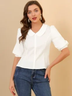 Allegra K Women's Sweet Short Bubble Sleeve Peter Pan Collar Peplum Blouses -Allegra K GUEST 0d90481e c553 4862 ae2f 9c29ac62183c