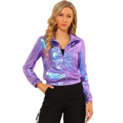 Allegra K Women's Track Holographic Shiny Long Sleeve Metallic Zip Front Jacket -Allegra K GUEST 0de92fcf f8f1 4405 ab74 063b66055d1c