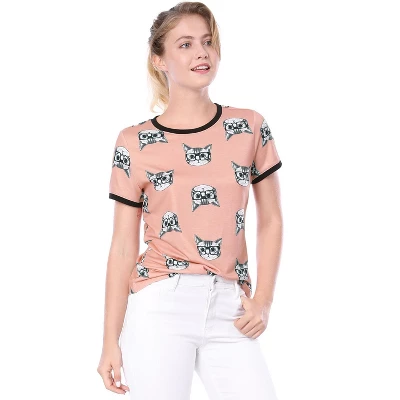Allegra K Women's Cat Contrast Cartoon Print Tee Casual Summer T-Shirt 2 Allegra K Women's Cat Contrast Cartoon Print Tee Casual Summer T-Shirt - Image 2
