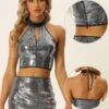Allegra K Sequin Crop Top For Women's Halter Neck Cutout Shiny Party Top