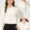Allegra K Satin Blouse For Women's Bow Tie Neck Solid Work Office Shirt