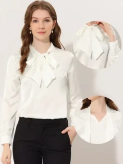 Allegra K Satin Blouse For Women's Bow Tie Neck Solid Work Office Shirt