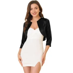 Allegra K Women's Satin Elegant 3/4 Sleeve Solid Bolero Shrug Tops -Allegra K GUEST 0fb053aa dd08 4e96 9a93 edd6e67fe121