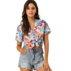 Allegra K Women's Hawaiian Floral Leaves Printed Short Sleeve Button Down Vintage Beach Shirt -Allegra K GUEST 0fcba18a 1d1e 4769 9abd 7fb14c4579ae