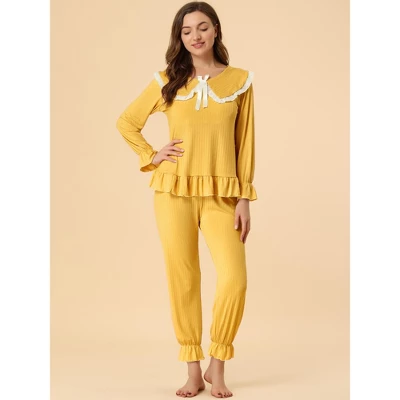 Allegra K Women's Sleepwear Lounge Peter Pan Collar Long Sleeve Ruffle Pajama Set 2 Allegra K Women's Sleepwear Lounge Peter Pan Collar Long Sleeve Ruffle Pajama Set - Image 2