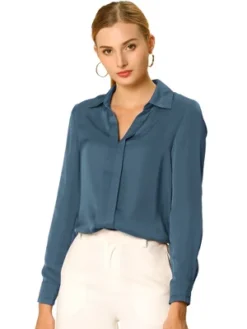 Allegra K Women's Elegant V Neck Long Sleeve Office Work Satin Blouse -Allegra K GUEST 100265fa 8092 4e30 a6ef e219d14d8f8a