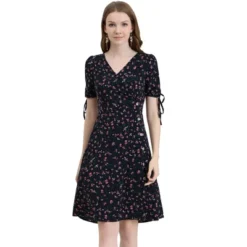 Allegra K Women's Ditsy Floral Tie Lace-up Short Sleeve A-line V-Neck Chiffon Dress -Allegra K GUEST 101c0fc9 6b73 4f53 9d80 c1eee258733b