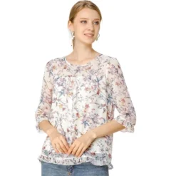 Allegra K Women's Casual Round Neck Ruffle 3/4 Sleeve Floral Print Chiffon Blouse -Allegra K GUEST 1020ece6 2314 46bc 931a 266707217cb9