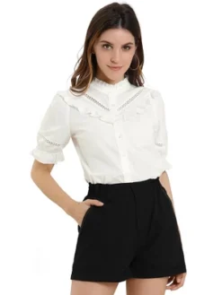 Allegra K Women's Button Down Shirt Short Sleeve Ruffle Stand Collar Lacework Work Blouse Top -Allegra K GUEST 10673009 68aa 4759 afa9 93f5361c51ec