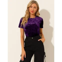 Allegra K Women's Velvet Crew Neck Short Sleeve Casual Blouse