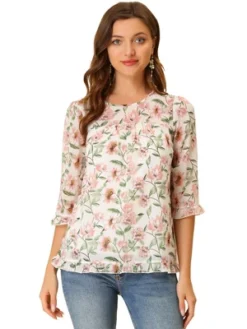 Allegra K Women's Casual Round Neck Ruffle 3/4 Sleeve Floral Print Chiffon Blouse -Allegra K GUEST 10f56c2a 94a1 441c 87df 4ba57da26e09