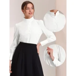 Allegra K Women's Elegant Work Blouse Mock Neck Long Sleeve Button Front Shirt