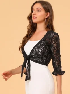 Allegra K Women's Elegant Ruffled Sleeve Tie Front Lace Bolero Shrug Top -Allegra K GUEST 11931568 a646 4a69 8ba8 c75457ead50f
