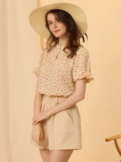 Allegra K Women's Peasant Floral Dotted Stand Collar Puff Sleeve Keyhole Casual Vintage Blouse