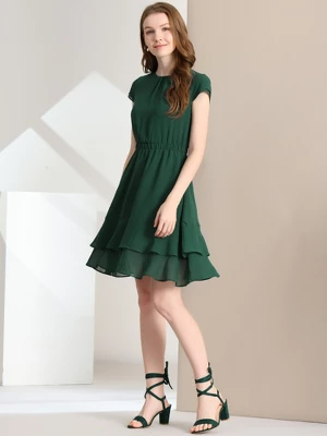 Allegra K Women's Ruffled Hem Cap Sleeve High Waist A-Line Layered Work Office Midi Dress 1 Allegra K Women's Ruffled Hem Cap Sleeve High Waist A-Line Layered Work Office Midi Dress