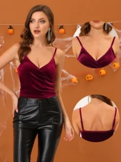 Allegra K Women's Wrap Crop Spaghetti Strap Velvet Cami Tops