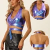Allegra K Metallic Halter Neck Top For Women's Deep V Neck Backless Holographic Crop Tops