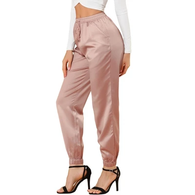 Allegra K Women's Drawstring Elastic Waist Athleisure Pants Ankle Length Satin Joggers With Pocket 8 Allegra K Women's Drawstring Elastic Waist Athleisure Pants Ankle Length Satin Joggers With Pocket - Image 8
