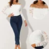 Allegra K Women's Off Shoulder Floral Lace Top Sheer Long Sleeves Casual Blouse