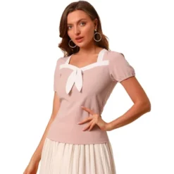 Allegra K Women's Retro Sweetheart Neck Bow Tie Contrast Trim Short Sleeve Blouse -Allegra K GUEST 1256ef03 c88b 49b6 8c4c 69321c5066d5