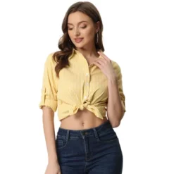 Allegra K Women's Striped Button Down Roll-up Long Sleeves Point Collar Shirt -Allegra K GUEST 12705aa6 d6cd 4c94 b30a 72cbd7072d72