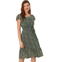 Allegra K Women's Floral Chiffon Flutter Sleeve Belted Square Neck Ruffled Hem Dress -Allegra K GUEST 131b2549 1af3 4d38 8b6d 08cd46ba2935