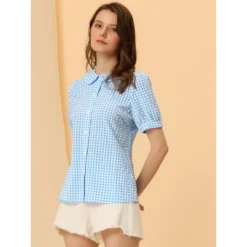 Allegra K Women's Plaid Gingham Blouse Puff Short Sleeve Peter Pan Collar Button Down Shirt -Allegra K GUEST 133c3794 eb36 4320 9dd0 68852cf07368