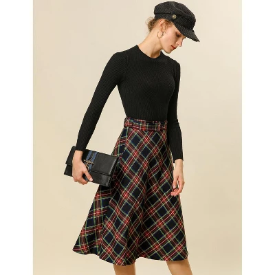 Allegra K Women's Tartan Plaid High Waist Belted Vintage A-Line Midi Skirt 1 Allegra K Women's Tartan Plaid High Waist Belted Vintage A-Line Midi Skirt