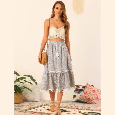 Allegra K Women's Vintage Printed Elastic Waist Tiered Tassel Fringe Midi Skirt 1 Allegra K Women's Vintage Printed Elastic Waist Tiered Tassel Fringe Midi Skirt