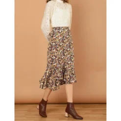 Allegra K Women's Summer Floral Elastic Waist High Low Ruffle Hem Midi Skirts