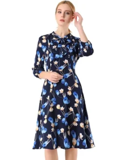 Allegra K Women's Floral Tie Neck 3/4 Sleeve Office Work Midi Flowy Flare Dress -Allegra K GUEST 1598fa1a 4684 4e50 876d 35b500a3a83e