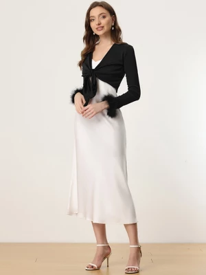 Allegra K Women's Tie Front Long Sleeve Faux Feather Cuff Open Navel Cardigan 2 Allegra K Women's Tie Front Long Sleeve Faux Feather Cuff Open Navel Cardigan - Image 2