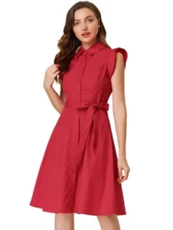 Allegra K Women's Cotton Shirtdress Work Office Ruffled Sleeveless Dress With Belt -Allegra K GUEST 15cc1a00 3eda 41f2 8b67 7036f9bb45b0