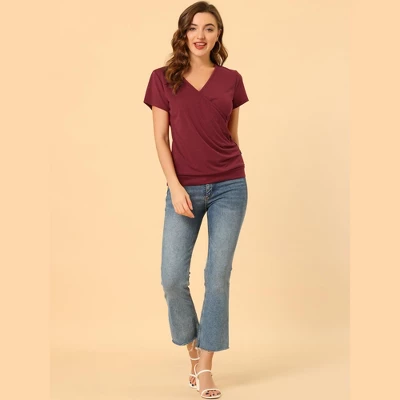 Allegra K Women's Wrap V Neck Short Sleeve Button Decor Ruched Blouses 1 Allegra K Women's Wrap V Neck Short Sleeve Button Decor Ruched Blouses