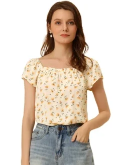 Allegra K Women's Square Neck Casual Cap Sleeve Floral Print Peasant Tops -Allegra K GUEST 1700a2a0 5b77 494e 8d2e 568d84dbce99