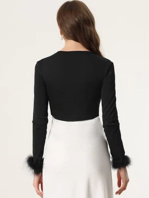 Allegra K Women's Tie Front Long Sleeve Faux Feather Cuff Open Navel Cardigan 3 Allegra K Women's Tie Front Long Sleeve Faux Feather Cuff Open Navel Cardigan - Image 3