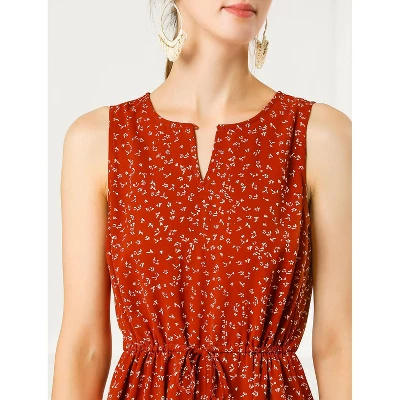 Allegra K Women's Floral Printed Split Neck Drawstring Waist Sleeveless A-Line Midi Dress 5 Allegra K Women's Floral Printed Split Neck Drawstring Waist Sleeveless A-Line Midi Dress - Image 5