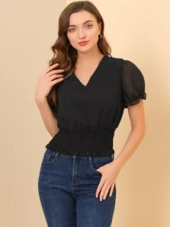 Allegra K Women's V Neck Short Puff Sleeve Swiss Dots Smocked Waist Summer Blouse -Allegra K GUEST 17e1839e 2310 4829 9832 439f7245d481