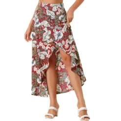 Allegra K Women's Tropical Smocked Waist High Low Flowy Maxi Skirt -Allegra K GUEST 187166e1 d51b 48f4 a985 1ff91caec7cf