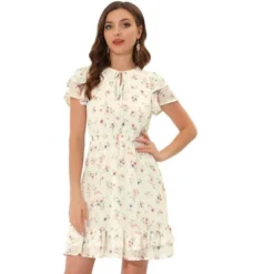 Allegra K Women's Ruffle Sleeve Self-Tie V Neck Above Knee Ruffled A-Line Floral Chiffon Dress -Allegra K GUEST 18c29418 acf6 422a 8c6f 239bd9066a8b