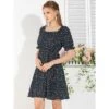 Allegra K Women's Square Neck Elastic Waist Frill Trim Flowy Floral Puff Sleeve Dress