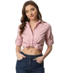 Allegra K Women's Striped Button Down Roll-up Long Sleeves Point Collar Shirt -Allegra K GUEST 19458a2e 1a77 4745 9298 5c60d818dbfd