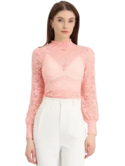 Allegra K Women's See-Through Stretch Halloween Smocked High Neck Long-Sleeve Lace Floral Blouse -Allegra K GUEST 19a85421 5bb4 4c9a 8072 75c83c524c76