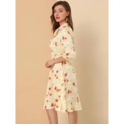 Allegra K Women's Floral Tie Neck 3/4 Sleeve Office Work Midi Flowy Flare Dress -Allegra K GUEST 19e0c74a ec9f 45f6 9c1e 027e10d5043c