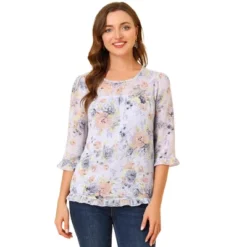 Allegra K Women's Casual Round Neck Ruffle 3/4 Sleeve Floral Print Chiffon Blouse -Allegra K GUEST 19ec1e44 e740 4c94 b374 b565c6eab966