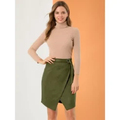 Allegra K Women's A-Line Knee Length Front Slit Wrap Faux Suede Skirt